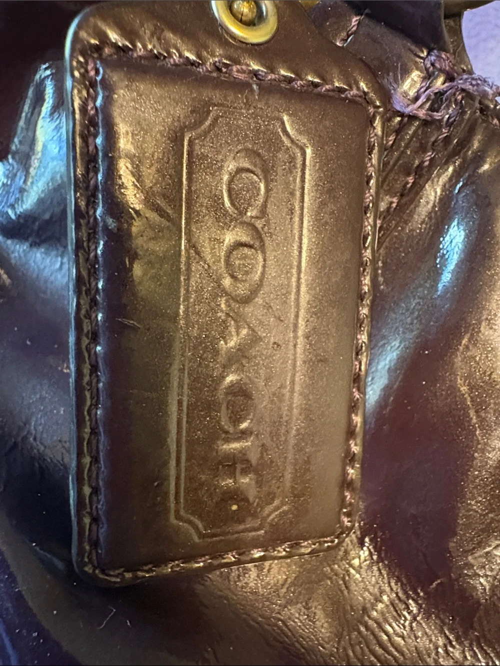 COACH Patent Leather Shoulder Bag in Dark Burgundy with Gold Hardware